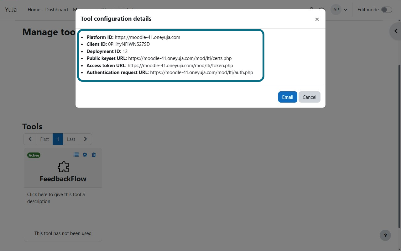 The tool configuration details of FeedbackFlow in D2L.