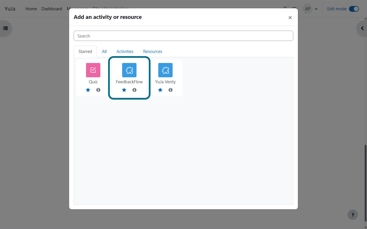 The Feedbackflow tool is highlighed in the Add an activity or resource window.