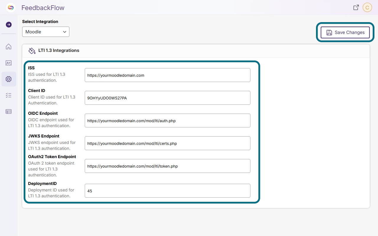 The LTI 1.3 Integrations field of Moodle in FeedbackFlow.