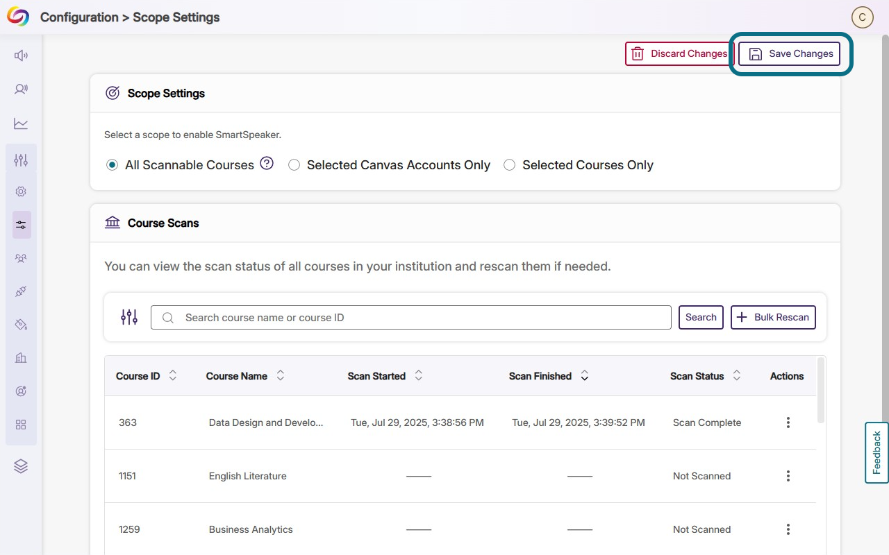 Save changes button in the scope settings page.