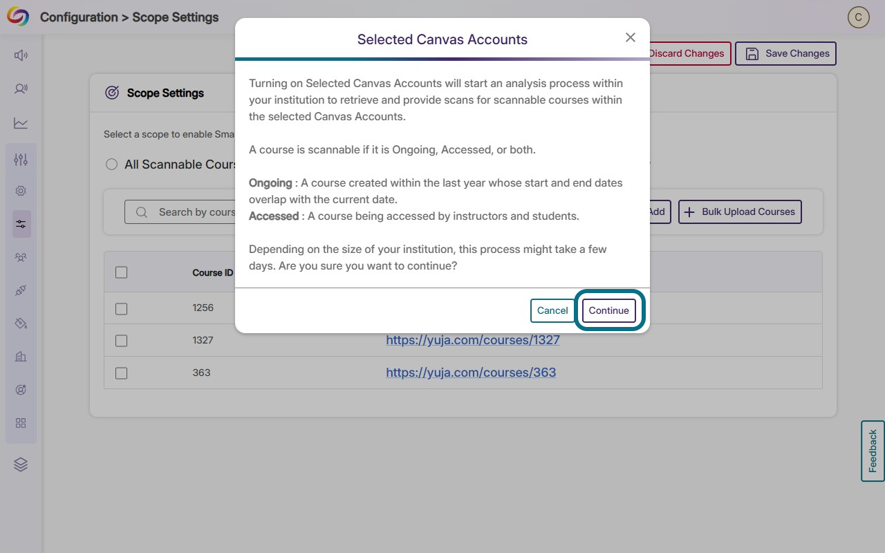 The continue button within the selected canvas account window.