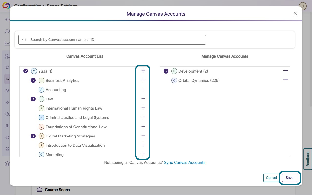 adding account from canvas account list to manage canvas acccount list.