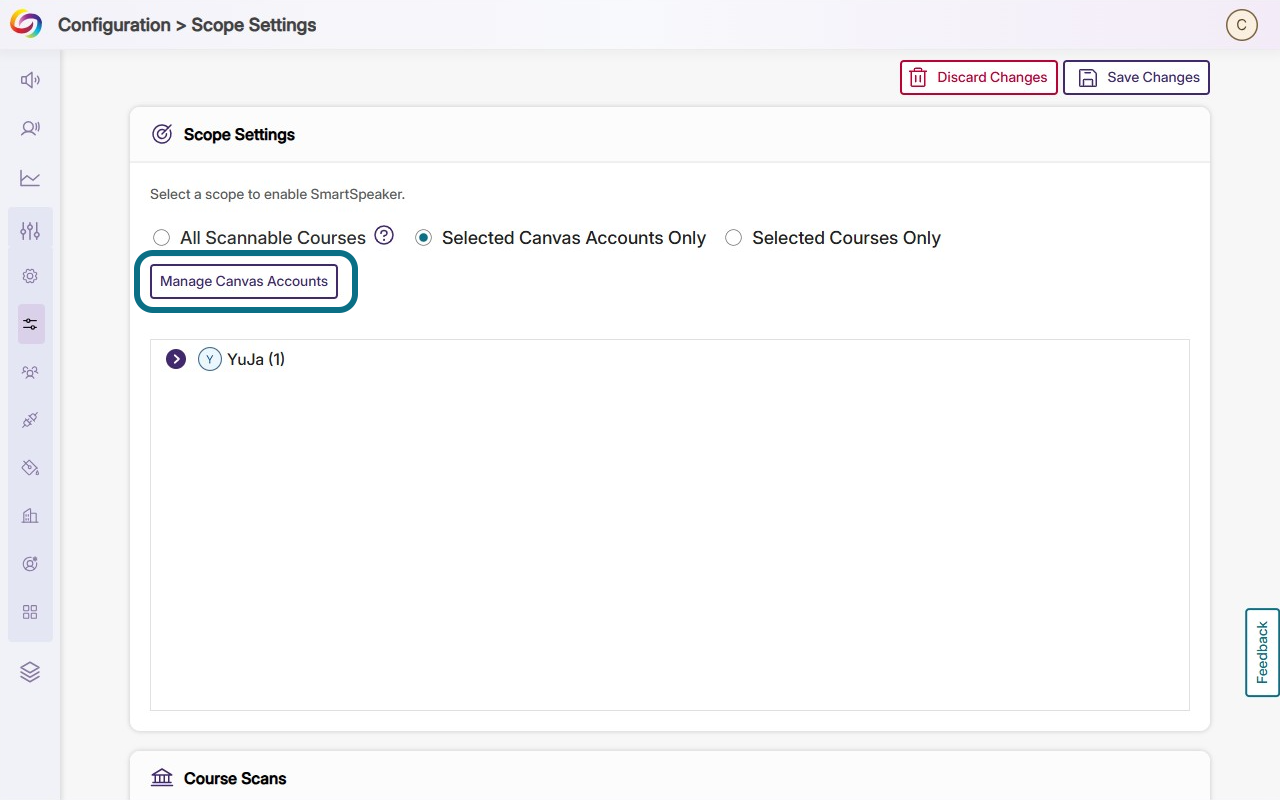 manage canvas account button within the selected canvas accounts only option.