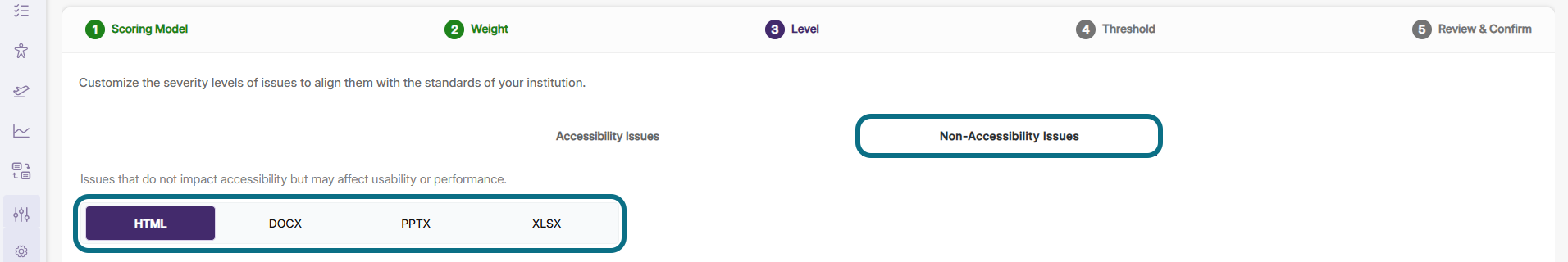 Panorama scoring model page with non-accessibility issues tab and format type circled