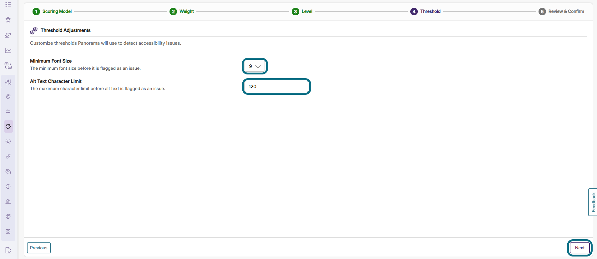Panorama scoring model page with minimum font size and alt text character limit field, and next button circled