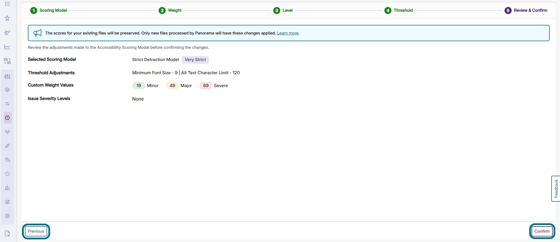 Panorama scoring model page with previous and confirm buttons circled