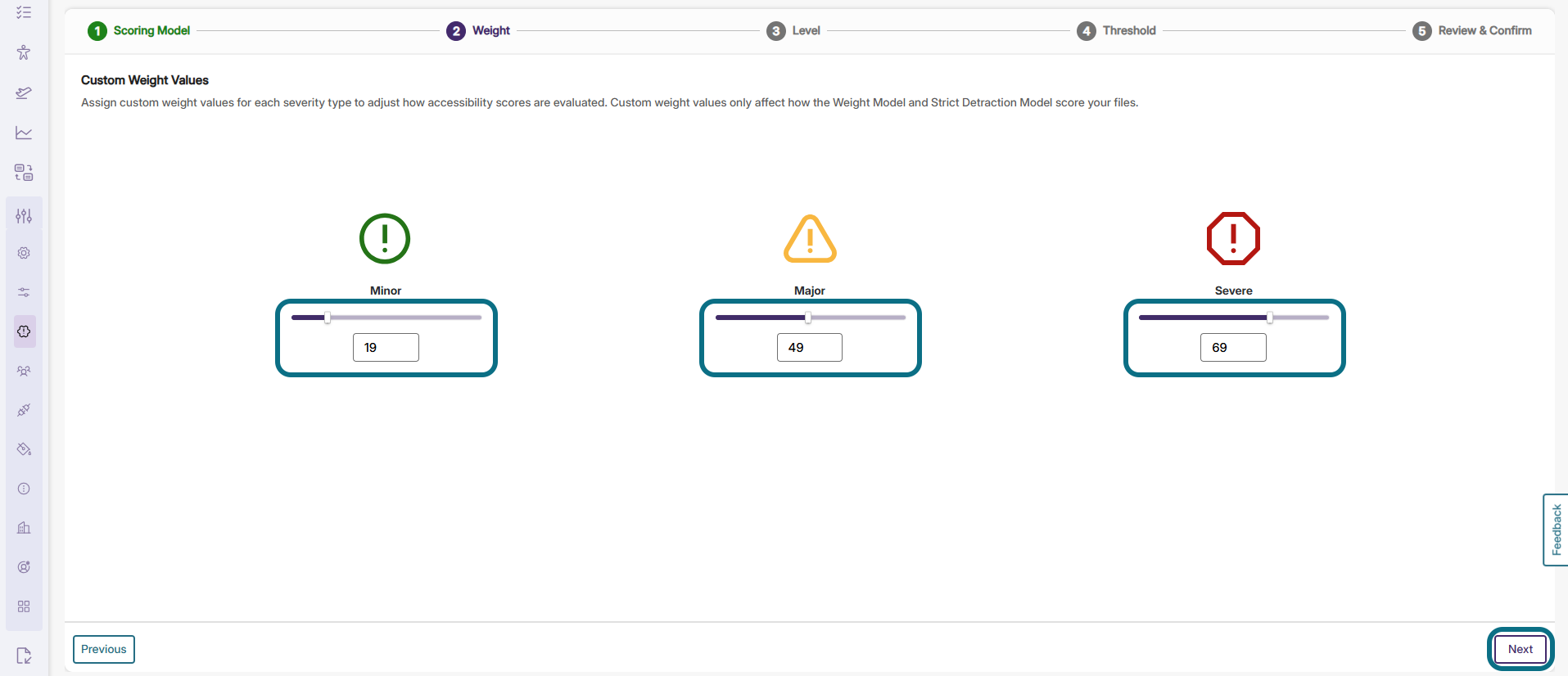 Panorama scoring model custom weight value settings and next button circled