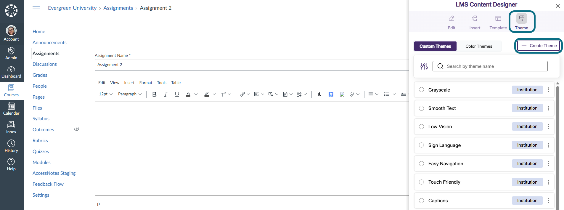 LMS editable page with LMS content designer theme tab and create theme button circled