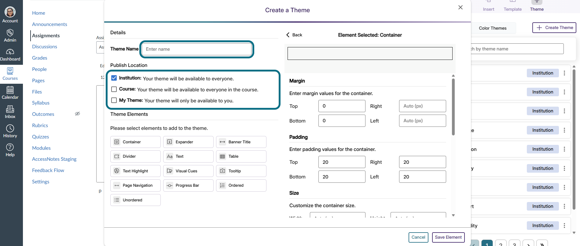 LMS Content Designer Create a theme modal with theme name and publish location circled
