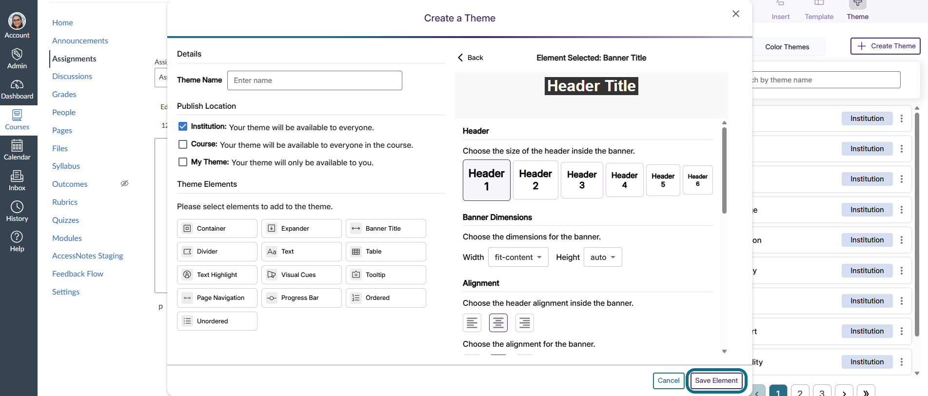 LMS content designer create a theme modal with save element button circled