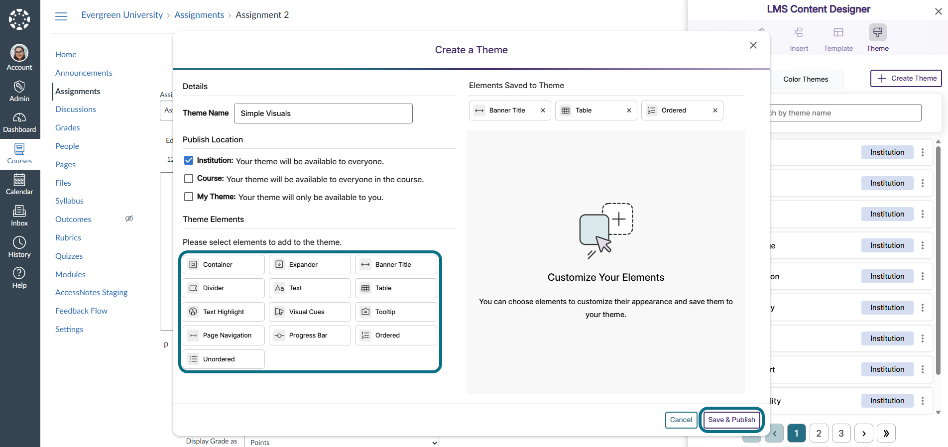 LMS content designer create a theme modal with elements and save and publish button circled