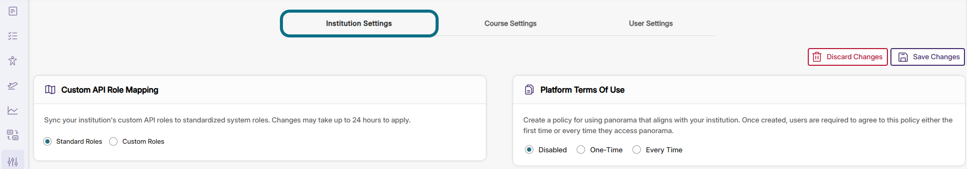 Panorama general settings page with institution settings tab circled