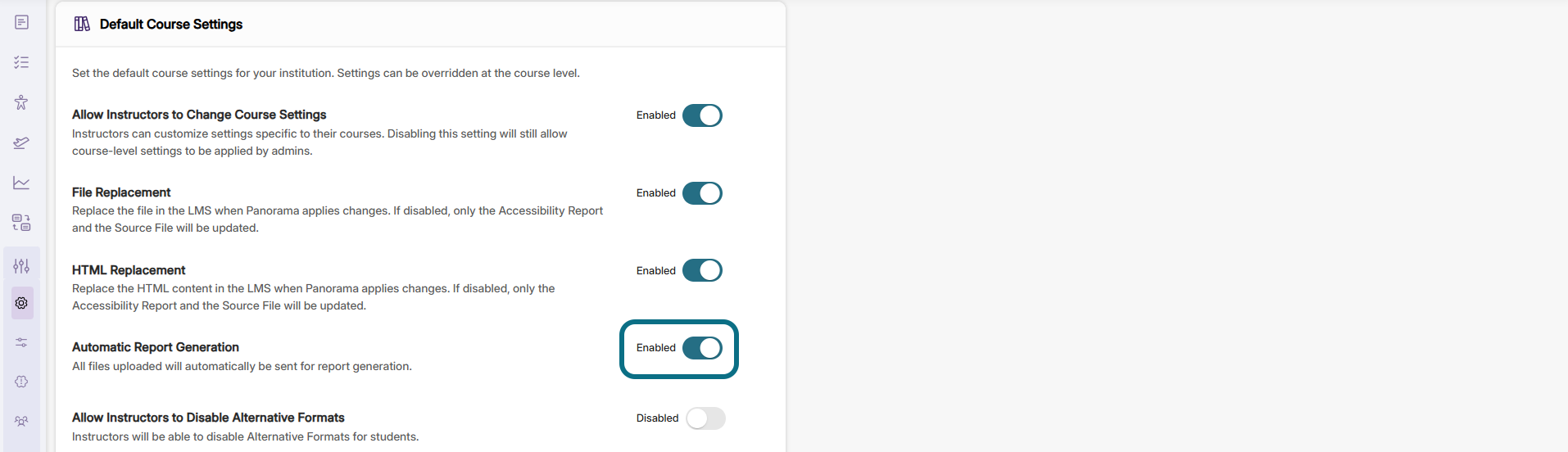 Panorama general settings page with automatic report generation toggle circled