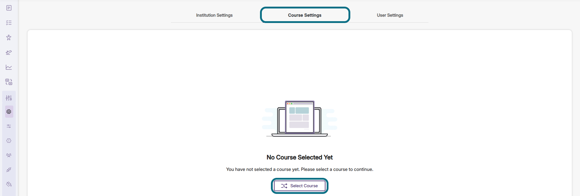 Panorama course settings tab and select course button circled