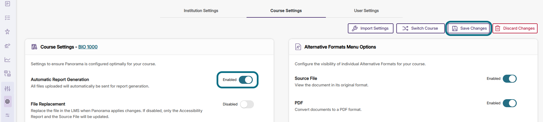 Panorama course settings with automatic report generation toggle and save changes button circled