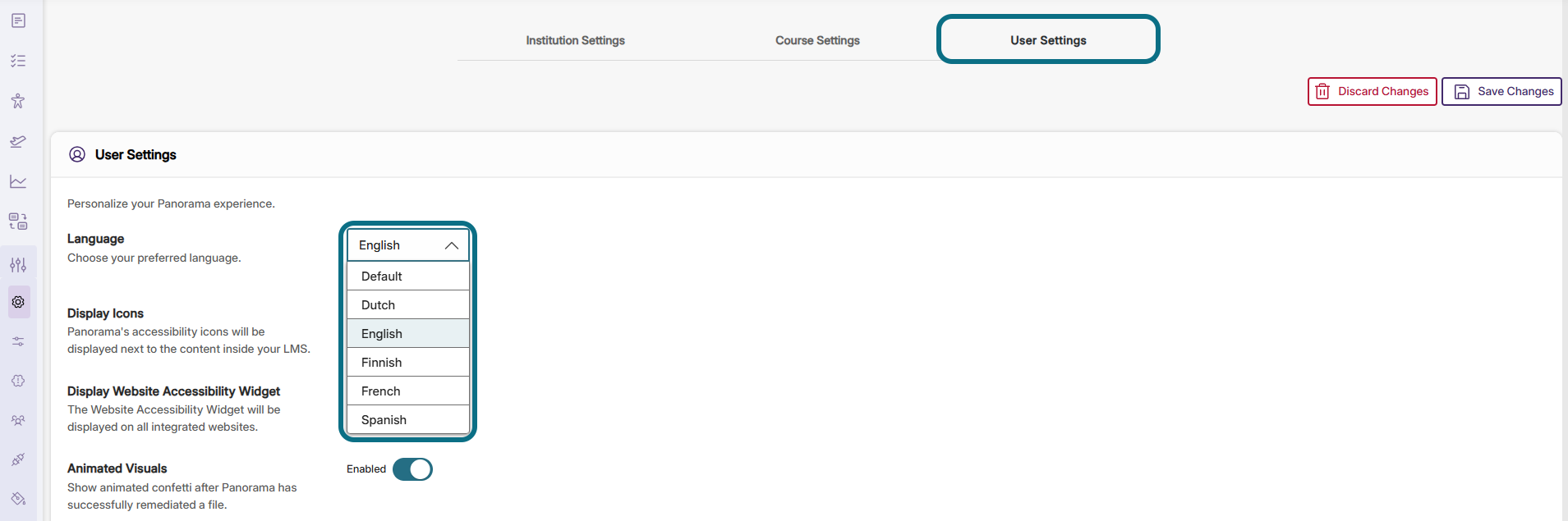 Panorama user settings with the user settings tab and language drop-down field circled