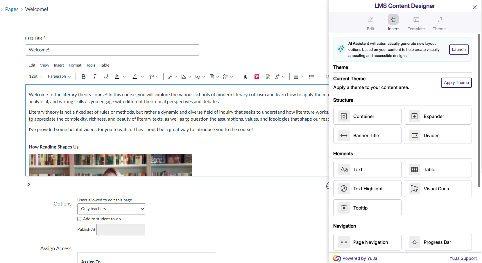 The LMS content designer opens within a page in Canvas.