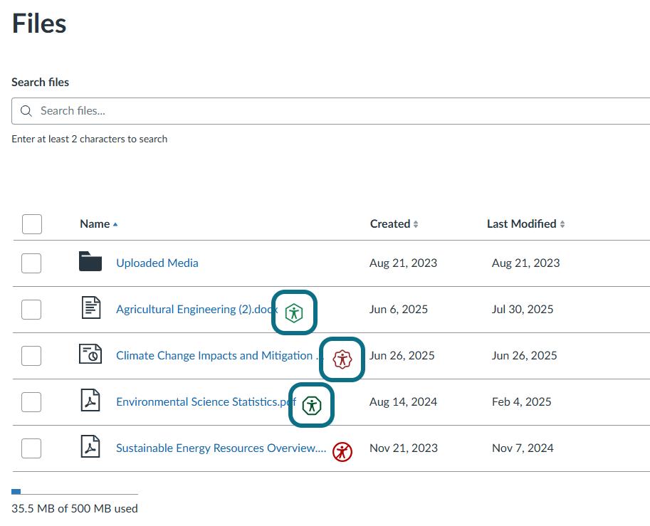 The Accessibility icons are highlighted on the file page.