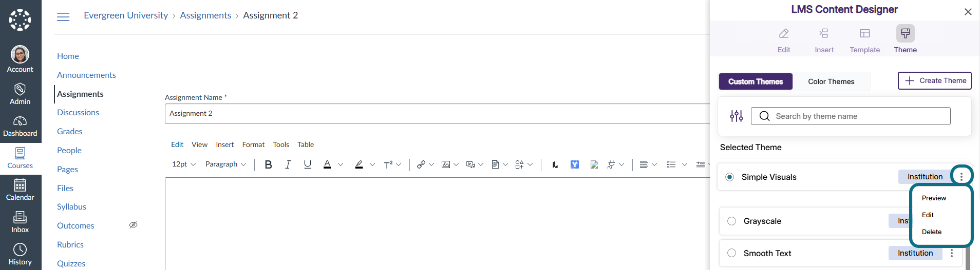 LMS content designer with more actions, preview, edit and delete buttons circled