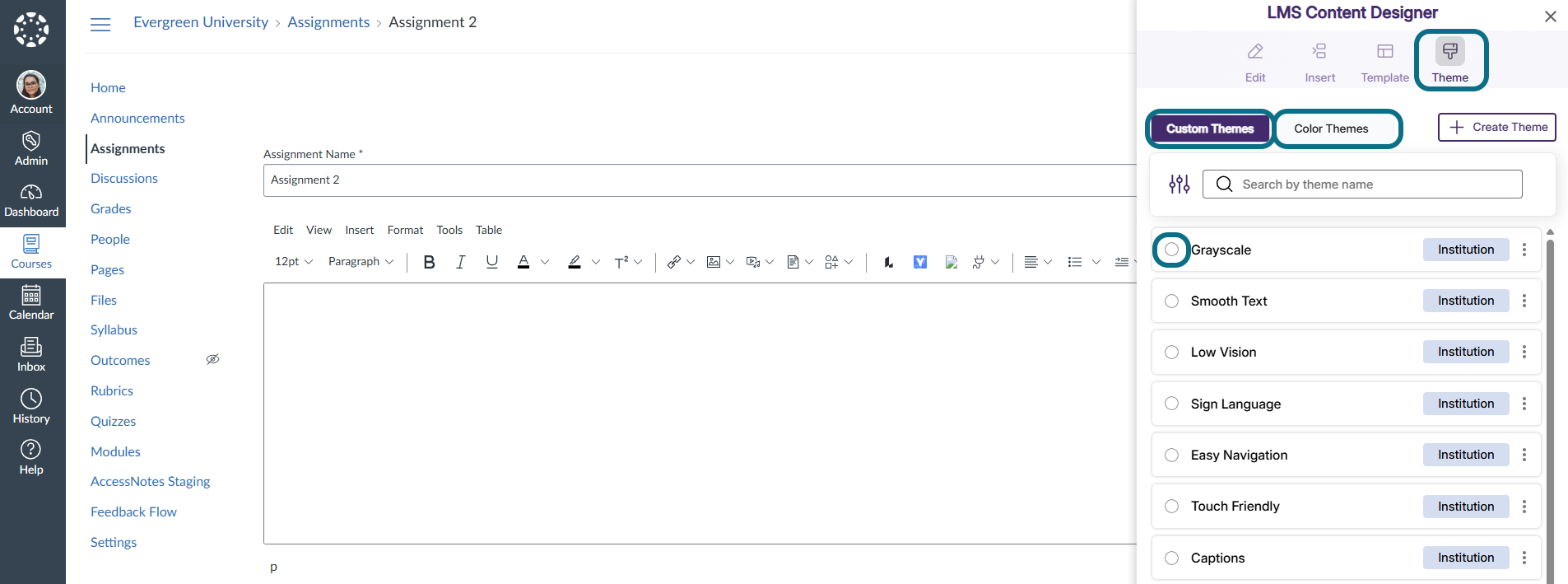 LMS content designer with theme, custom theme, color themes and radio buttons circled