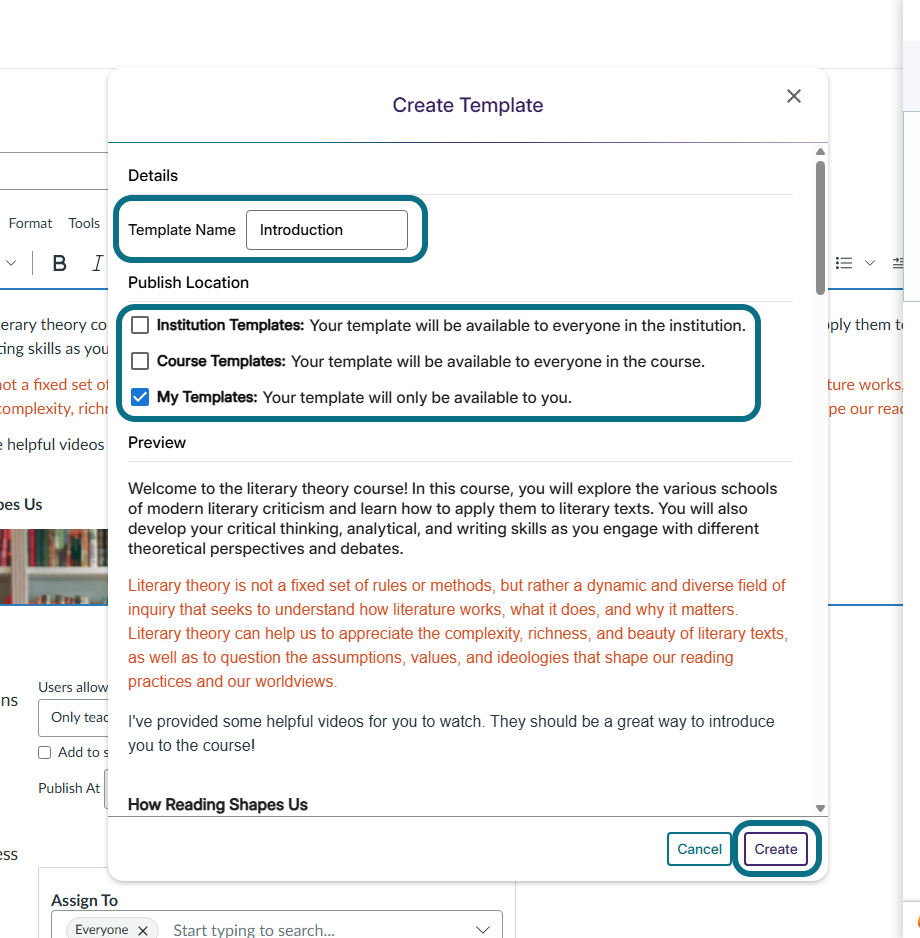 The Create Template window highlighting the Create button.