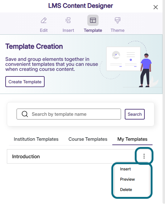The more actions menu icon on the created template.
