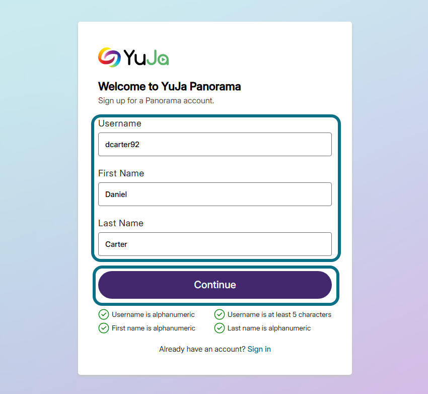 signup page of Panorama.