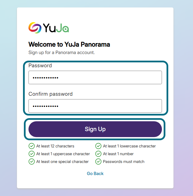 password creation page of Panorama.