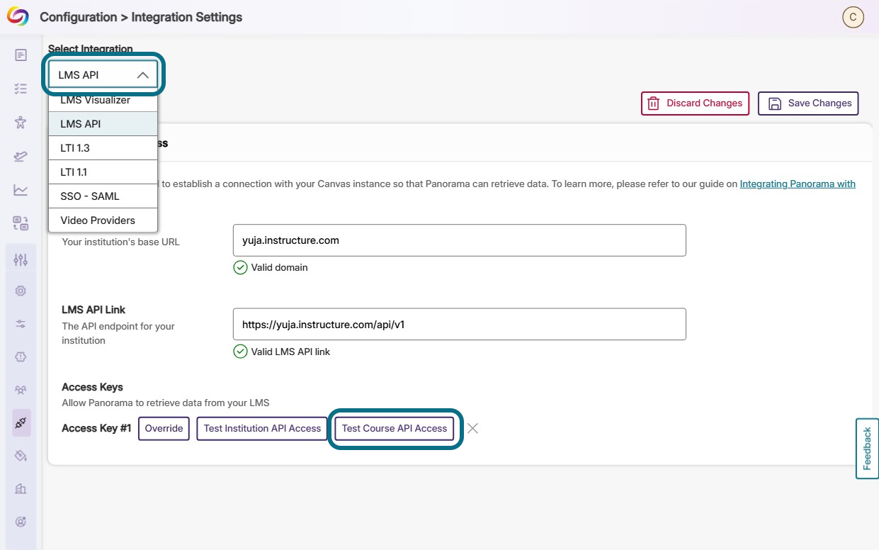 test course API access button within the LMS API integration.