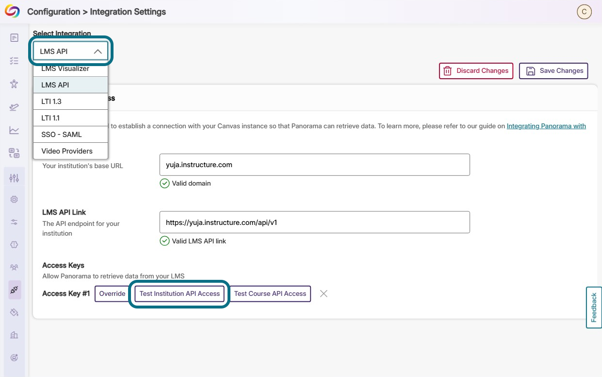 test institution access button within the LMS API integration.