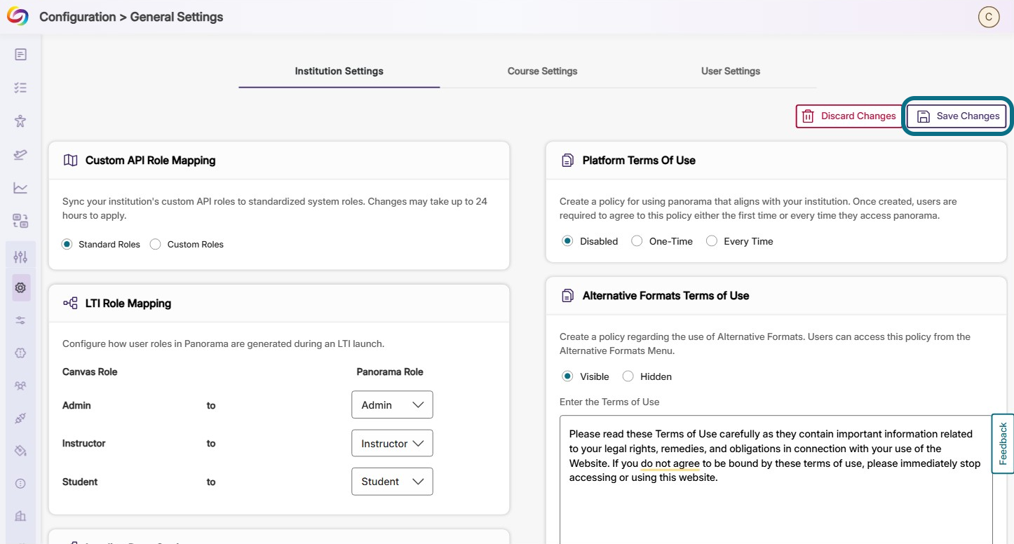 save changes button within the institution settings tab.
