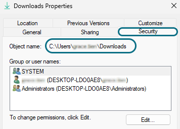 Downloads properties window with security tab and object name field circled