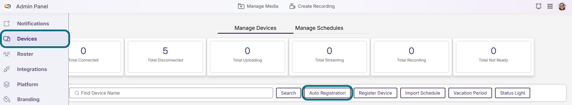 Lumina devices page with devices tab and auto registration button circled