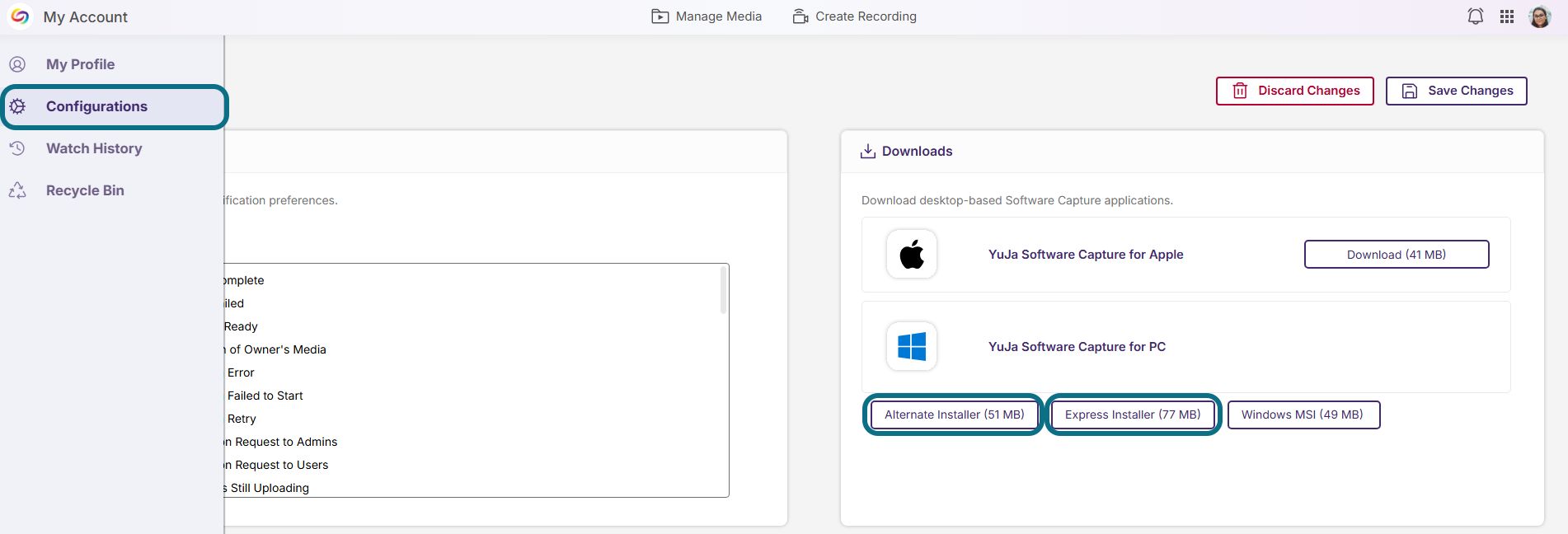 Lumina my account page with configurations and installers buttons circled