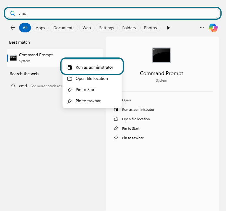 Command prompt in computer search bar with search bar and run as administrator button circled
