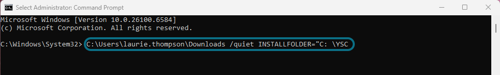 Command prompt with file path and install folder circled