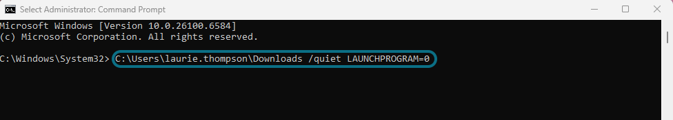 Command prompt with file path and install instruction circled