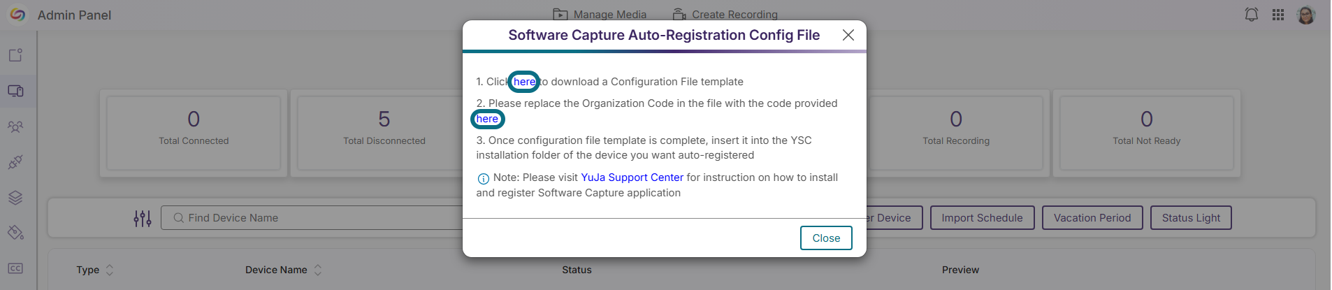 Lumina auto registration configure file modal with here circled