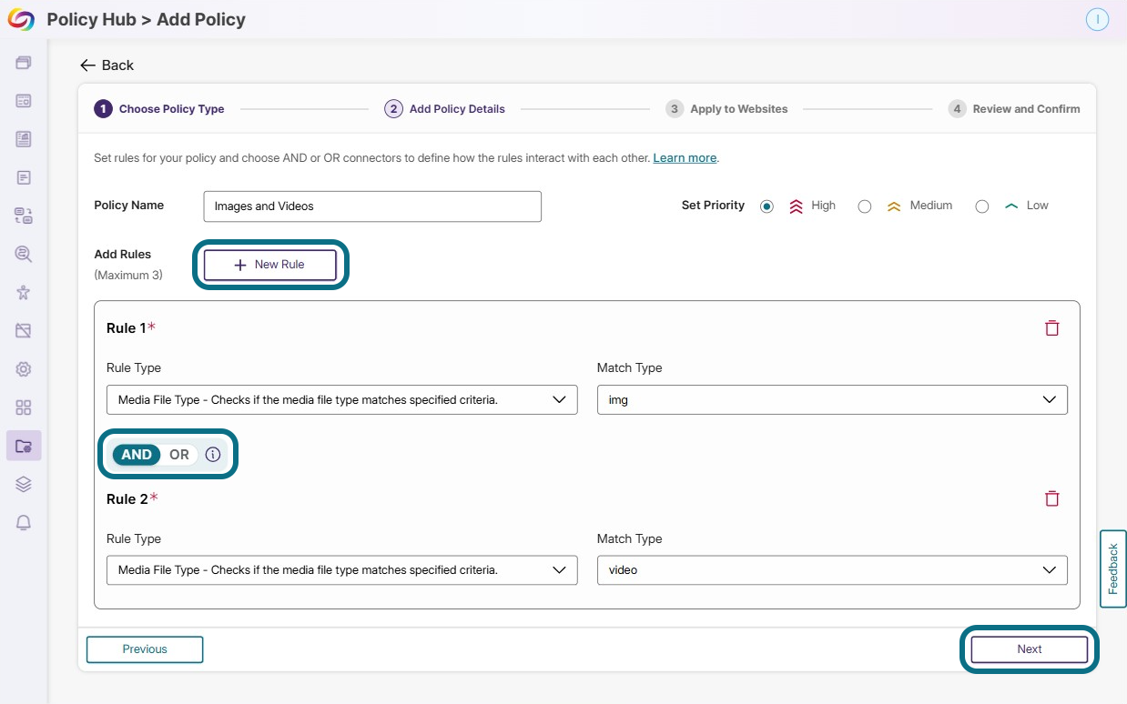 And OR connectors in the Add Policy Details step.