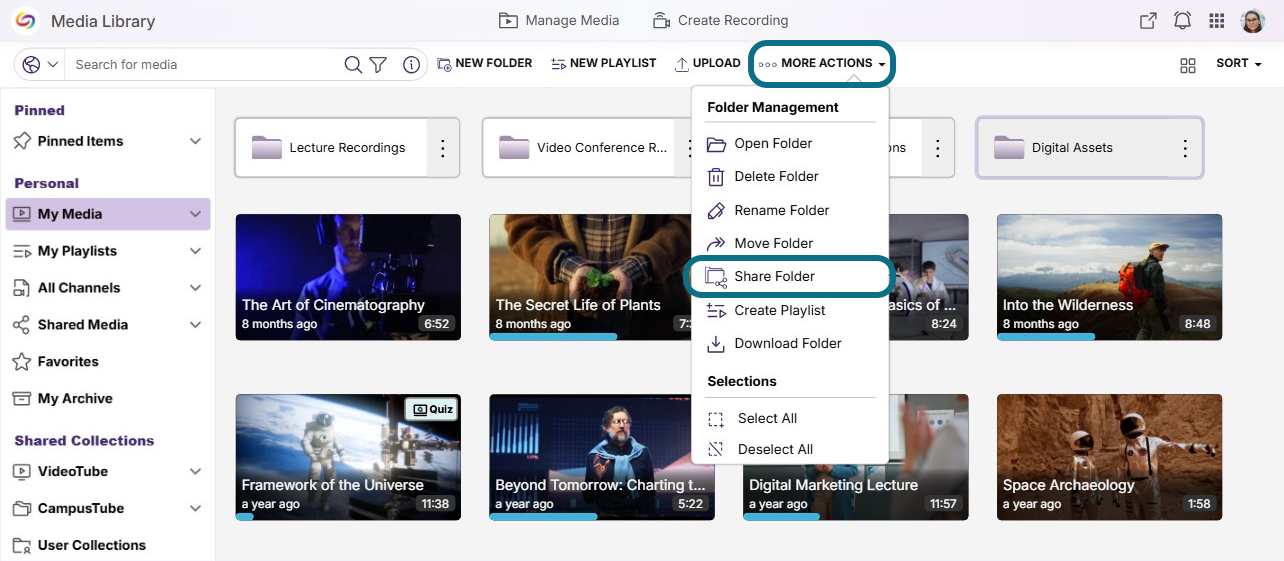 Lumina manage media with more actions button and share folder button circled