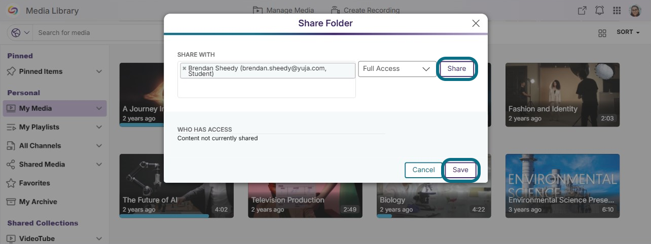Lumina share folder modal with share button and save button circled