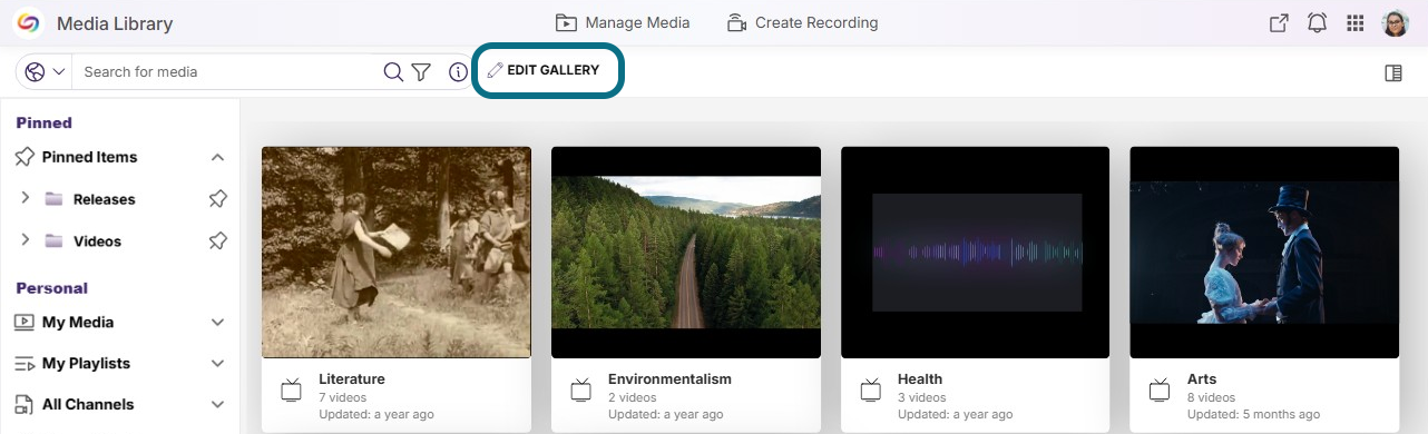 Lumina enterprisetube page with edit gallery button circled
