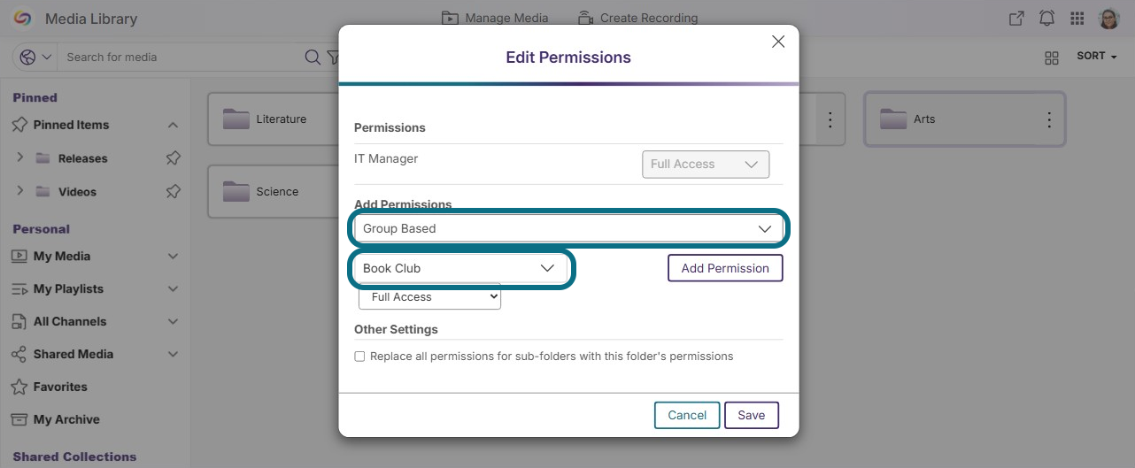 Lumina edit permissions modal with add permission fields circled