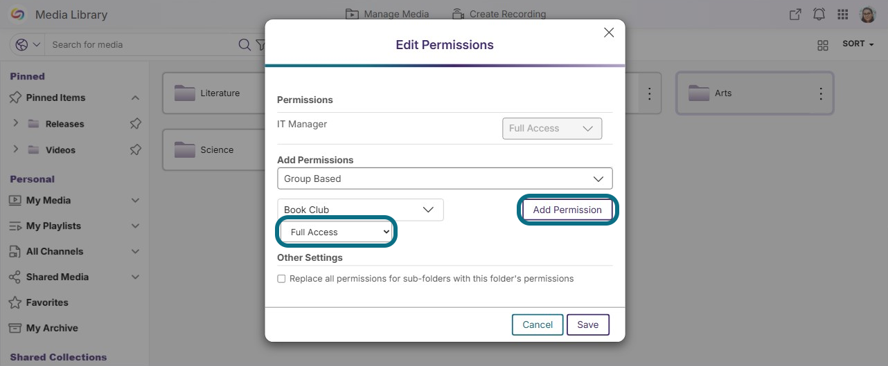 Lumina edit permissions modal with access level field and add permission button circled