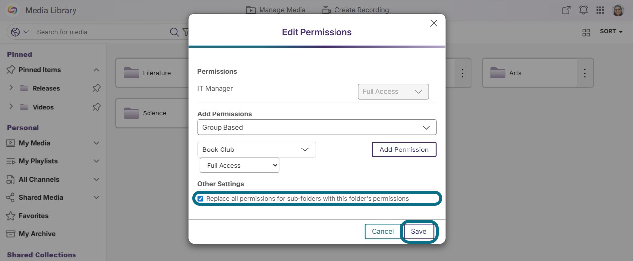 Lumina edit permissions modal with the other settings checkbox and save button circled