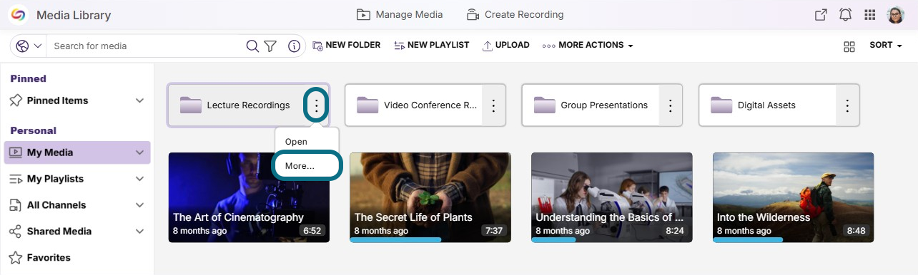 Lumina Manage media page with the folder more actions button and more button circled