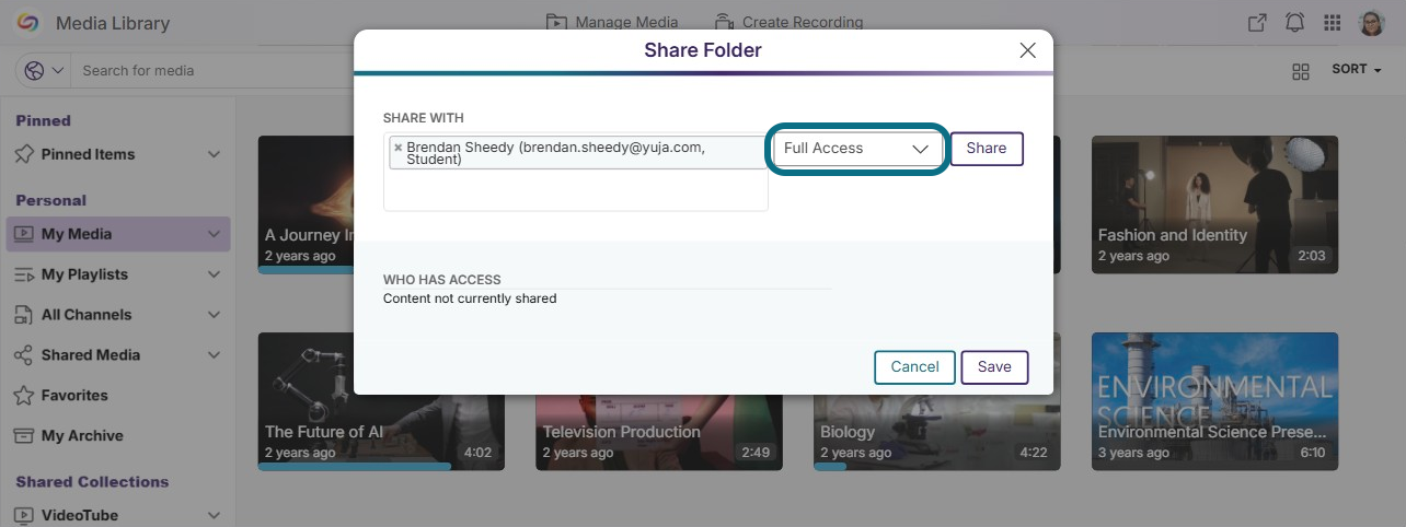 Lumina share folder modal with access level field circled