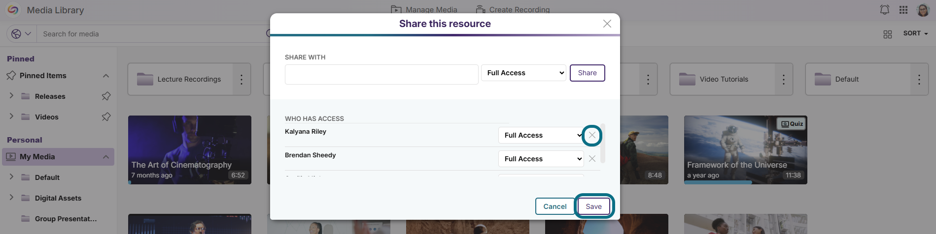 Lumina removing access to a shared media