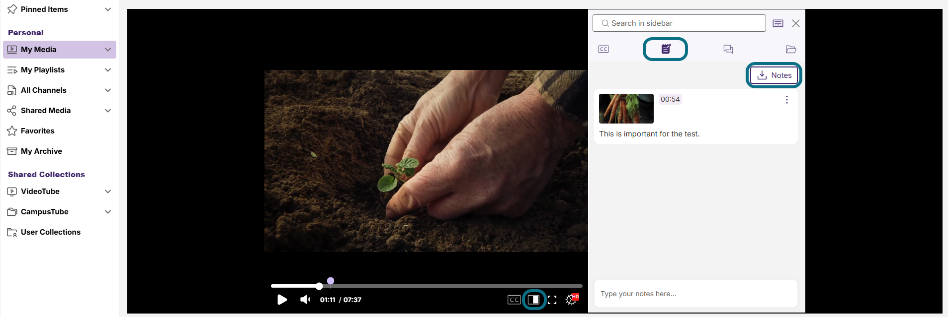 Lumina media player with show sidebar, notes and download notes button circled