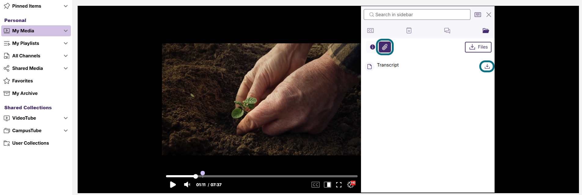 Lumina media player with attachments and download buttons circled